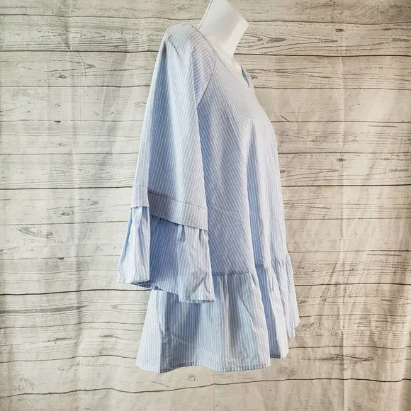 Pleione Womens Ruffle Hem Top Sz Medium Blue White Striped 3/4 Sleeve Cotton - Picture 3 of 6